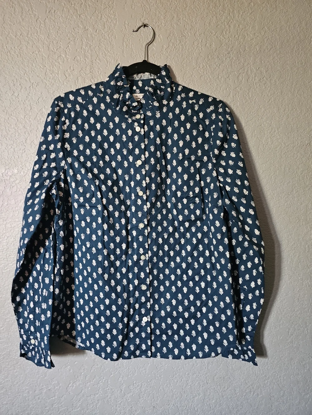J. Crew Teal Blue Button-Up Shirt with White Motif
